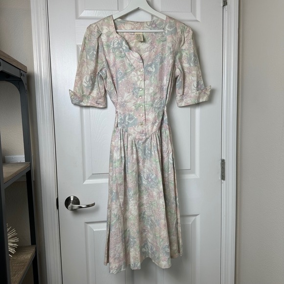 Dresses & Skirts - Floral Vintage Prairie Cottagecore Midi Dress Sm Pastel Pink Blue Dropped Waist